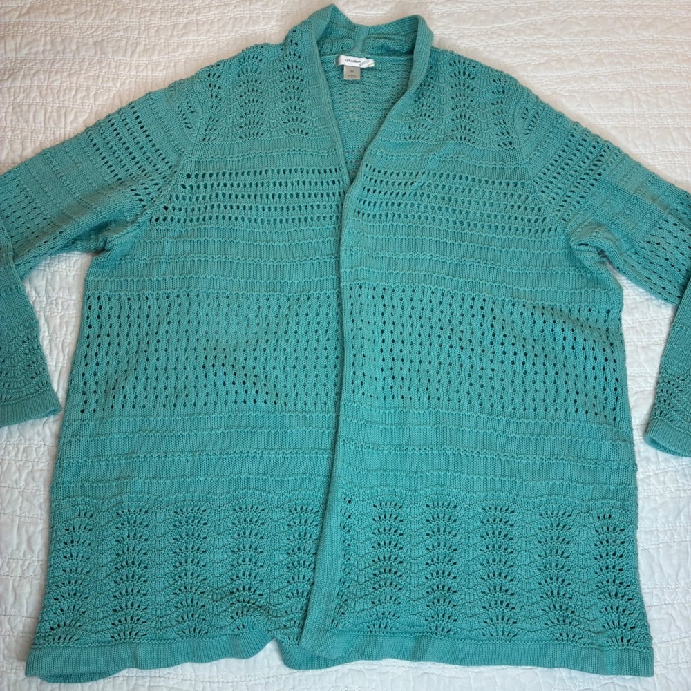 CJ Banks Cardigan Sweater Womens 3X Teal Open Front Pointelle Knit 100% Cotton